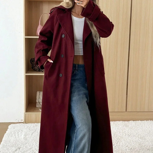 Burgundy Casual Women's Ancora Red Stand Collar Double Breasted Wool Blend Coat - Picture 3 of 7